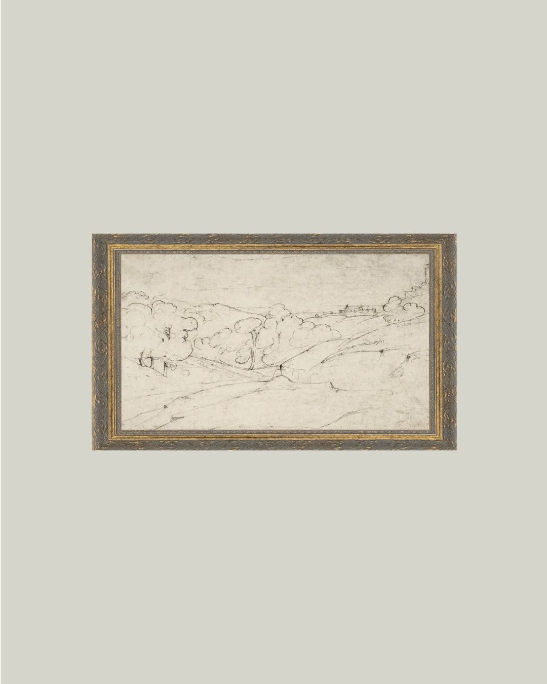 Rolling Hills Sketch Framed Antique Art: 30x16