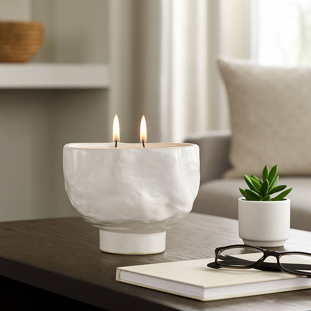 Decorative Candle Bowl - White Ceramic Citro Wavy, 20 Oz