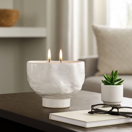 Decorative Candle Bowl - White Ceramic Citro Wavy, 20 Oz
