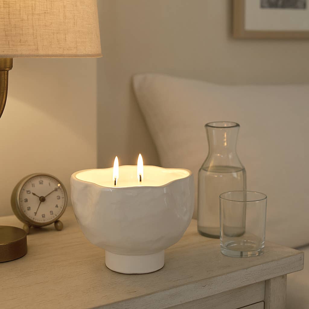 Decorative Candle Bowl - White Ceramic Citro Wavy, 20 Oz