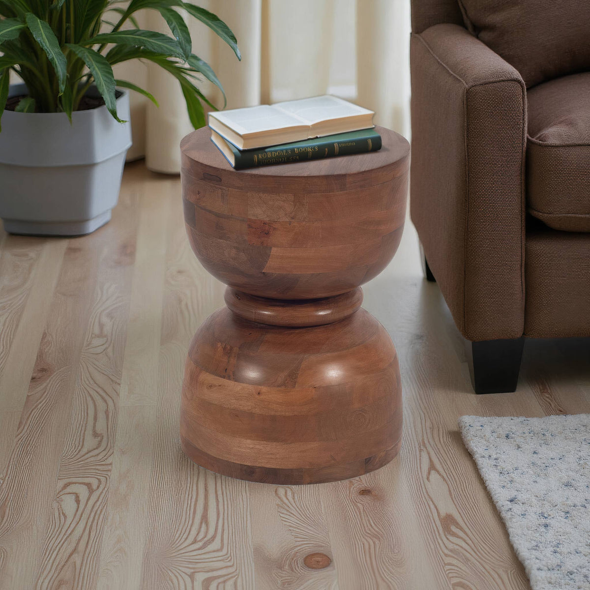 Mango Wood End Table with Hourglass Design - Brown, 18 in.