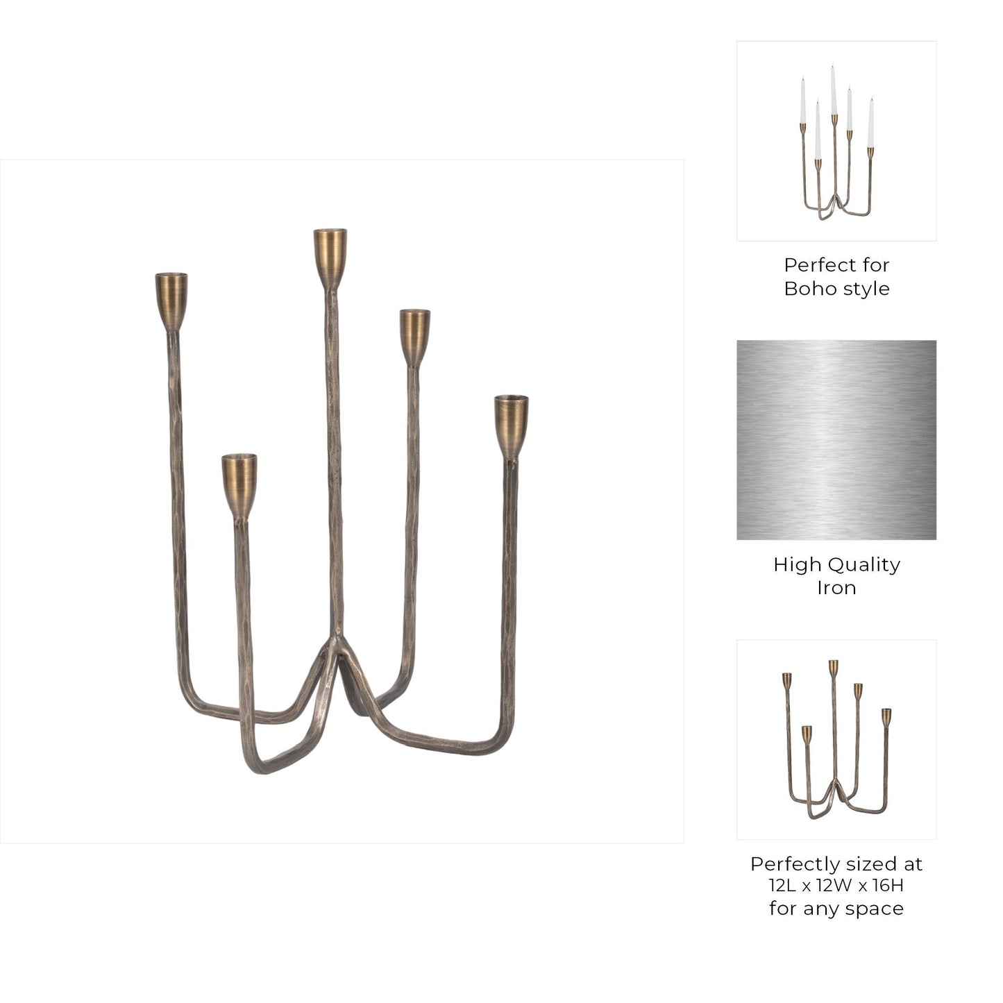 Metal Forged Five-Taper Candle Holder - Bronze, 16 in.