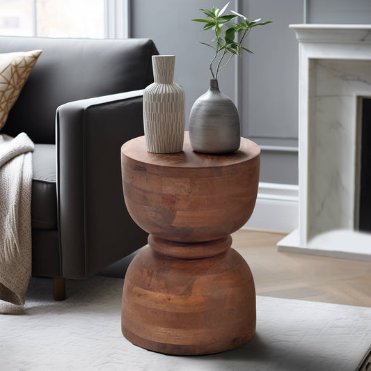 Mango Wood End Table with Hourglass Design - Brown, 18 in.