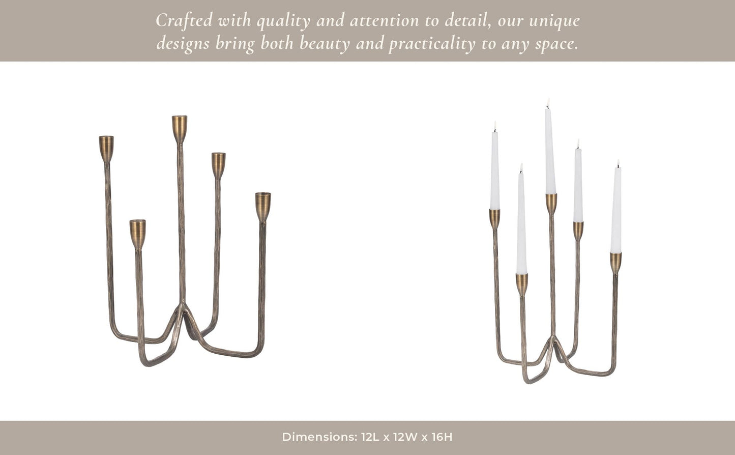 Metal Forged Five-Taper Candle Holder - Bronze, 16 in.