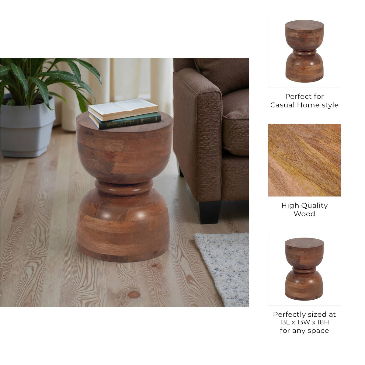 Mango Wood End Table with Hourglass Design - Brown, 18 in.