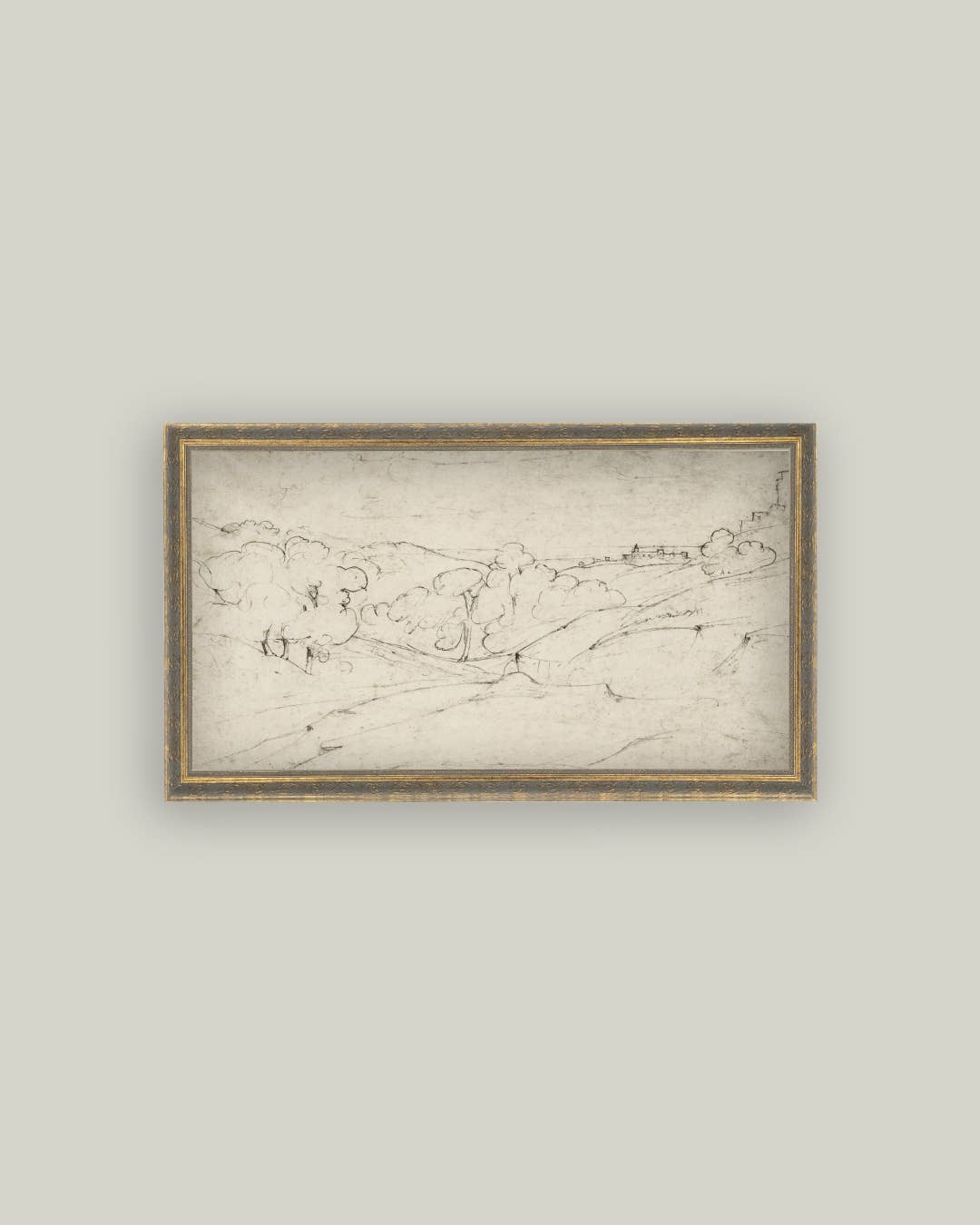 Rolling Hills Sketch Framed Antique Art: 30x16