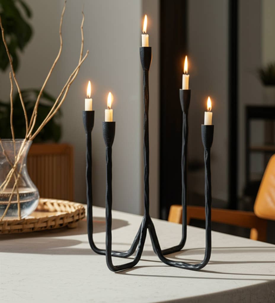 Metal Forged 5-Taper Candle Holder - Black, 16 in.